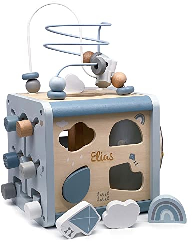 KIDSLINO Motorikwürfel aus Holz in blau I Aktivitätswürfel I Montessori Spielzeug ab 1 Jahr I Motorikwüfel personalisiert mit fünfseitigen Busy Board