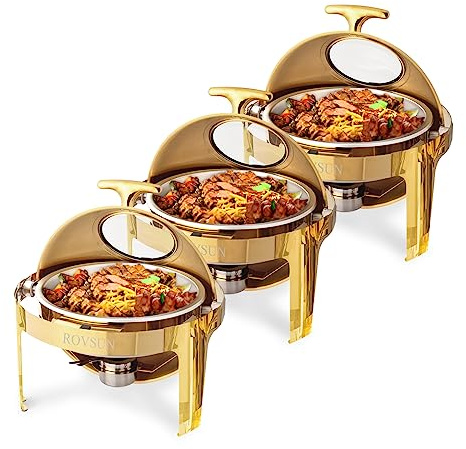 ROVSUN 6 QT Chafing Dishes for Buffet 3 Pack, Roll Top Chafing Dish Buffet Set, Stainless Steel Buffet Warmer Chafers and Buffet Warmers Sets for Catering Events Parties Weddings Dinners,Gold
