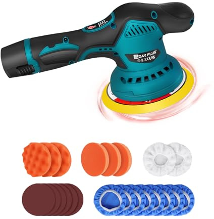 Multifunktions 12V Akku Poliermaschinen Set, inkl. 22 Polierschwamm-Schleifpads, 150mm Exzenter Autopoliermaschinen, Visualisierungsleistung, 8 Variable Geschwindigkeit (mit 2 × 2.0Ah Batterien)