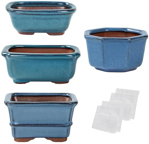 Happy Bonsai, confezione da 4 mini vasi smaltati, con 4 retine di drenaggio a maglia morbida