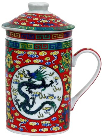 Keramik Teetasse mit Deckel + Sieb für Losen Tee mit Asiatischem Motiv Japanische Chinesische Tasse Für Teeliebhaber, Porzellan Kaffee Geschenk Set Asien Asia Becher Haferl (Roter Dracher)