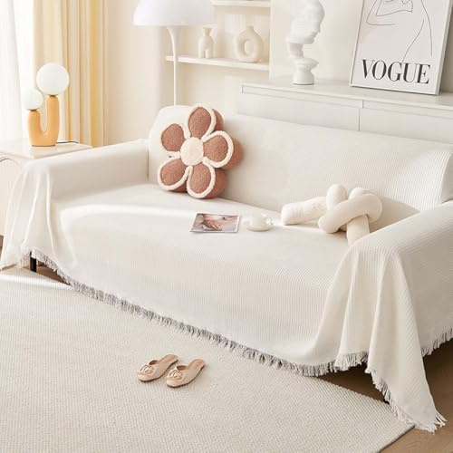 Yuing Jeté avec pompons pour canapé 2, 3 ou 4 places, lit double, fauteuil, canapé, jeté de meubles doux, lavable, antidérapant et anti-saleté (blanc cassé, 180 x 380 cm)
