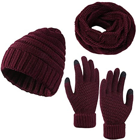 Generisch Set Mütze Schal Handschuhe Damen Warme Winterset Fleece Winter Accessoires Lange Schwarze Knit Women 3PC