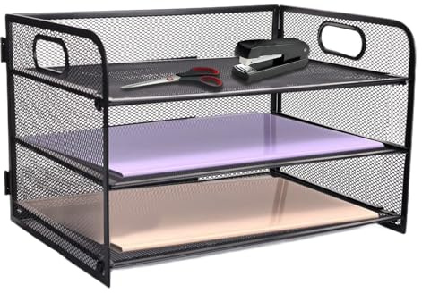 HMXLJJY Plateau de rangement à 3 niveaux avec poignée - Organiseur de bureau en maille - Plateau de rangement de documents pour dossiers A4 - Noir
