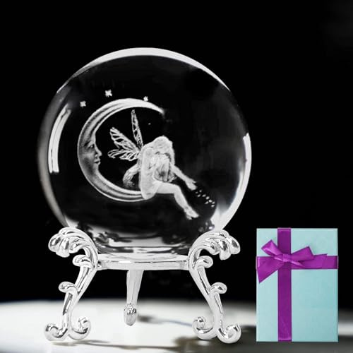 Minnhua Fairy Gifts for Women Fairy Crystal Ball Paperweight 3D Laser | Moon and Fairy Figurines Glass Sphere Decorative Balls with Stand Gifts for Girl Birthday