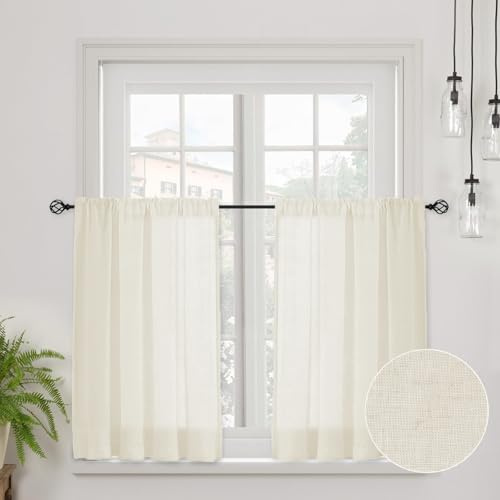 CUCRAF Äkta linne, fönstergardin, bistrogardin, köksgardiner, H 60 x B 90, ljusbeige, halv transparent, butiker, gardiner, fönster, gardiner, gardin