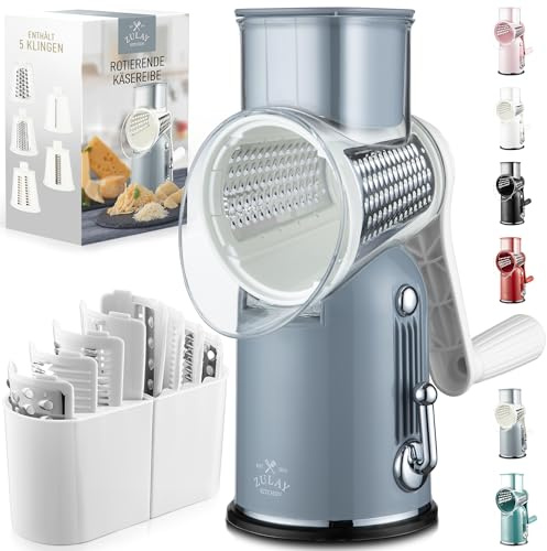 Zulay Kitchen Ostrivjärn manuell med 5 trummor – rivjärn rostfritt stål handvev grönsaksrivare & parmesanrivare, ostrivare med stark sugkraft, rund rivjärn, köksrivjärn med vev, grå