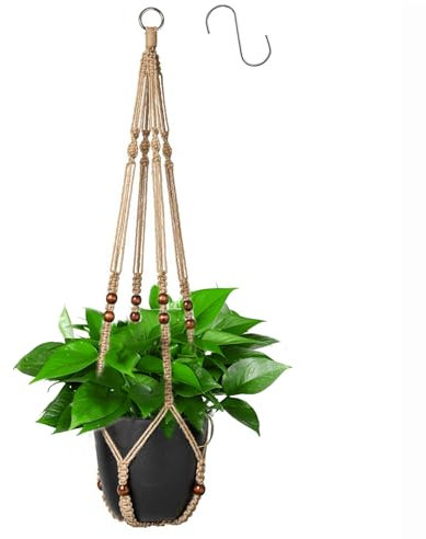 Apstaqeoo Macrame Plant Hangers Jute Rope Hanging Basket with Wood Beads Boho Decor Balcony Planter Garden Home Decor Ceiling Wall Plant Holder with 1 S Hook for Indoor Outdoor No Tassels 90CM(1PC)