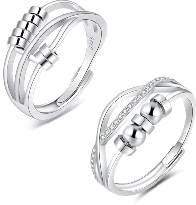 Zolkamery Silver Ångestring, 925 sterling silver kvinnor ångestring med zirkon, öppen justerbar anti-stress stämningsring, spinner fidgetring med pärlor, 2 st unisex stressringar för kvinnor män