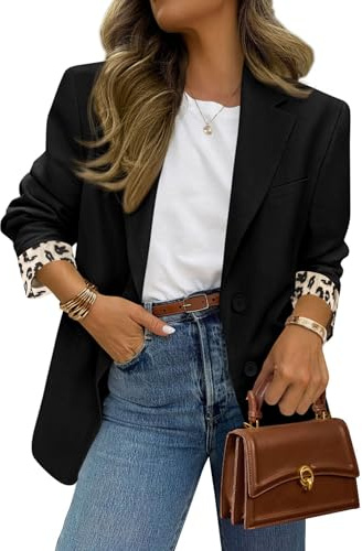 PRETTYGARDEN Blazers for Women 2026 Fall Work Office Suit Jackets Dressy Open Front Leopard Blazer Business Casual Outfits (Black,Large)