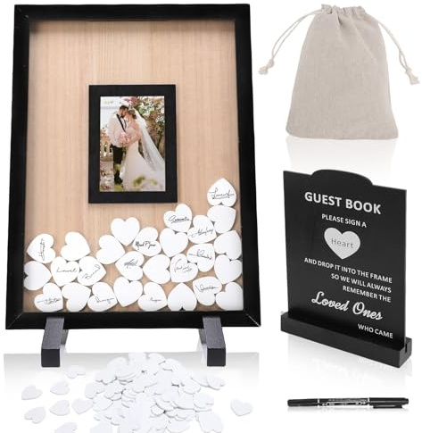 Gugxiom Wedding Guest Book Alternative, Wooden Picture Frame Guestbooks | with 90+ Hearts, Guest Book Alternative for Wedding Baby Shower Anniversary Birthday Party (Black)