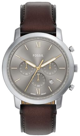 Fossil Montre Neutra pour homme, mouvement chronographe à quartz avec bracelet en cuir, Marron et argent, 44 mm