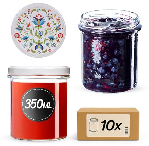 KADAX Barattoli per marmellata da 350 ml con tappo a vite fi82 mm, piccoli barattoli per conserve con coperchio, vasetti per marmellata e miele (fiori, 10 pezzi)