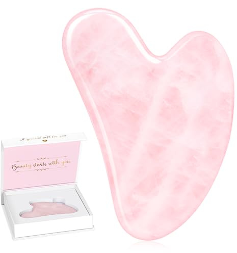 Alyvisun Gua Sha Facial de Cuarzo Rosa Natural, Piedra GuaSha para Cara, Cuello y Cuerpo, Alivio de Hinchazón y Mejora de la Línea de la Mandíbula, con Manual de Usuario, Regalo para Mujeres