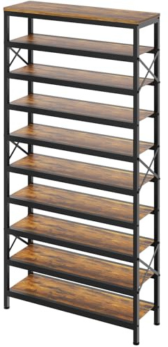YATINEY 10-Tier Tall Shoe Rack Organizer, Wooden Shoe Storage for Closet Holds 40 Pairs, Sturdy Shoe Shelf with X-Shaped Metal Support, for Entryway, Bedroom, Rustic Brown and Black SS210BR