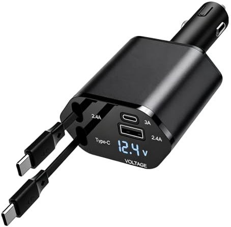 Adattatore accendisigari USB 4 in 1 con 2 cavi PD di tipo C (30 W/20 W) e porta USB-A/USB-C, caricatore retrattile per auto, camion, smartphone, tablet, computer portatile