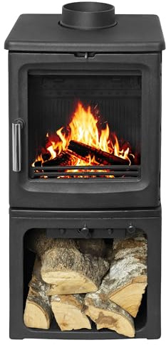 EIDER BIOMASA – Estufa de Leña FOGO Iron – Estufa de leña de Hierro Estilo Industrial – Chimenea de leña Interior para salón o casa de Campo – Acabado Negro – Amplia visión del Fuego Mediante Cristal