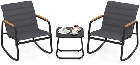 GOPLUS Juego de Mecedoras de Exterior de 3 Piezas, Sillas Mecedoras con Mesa de Café de Vidrio Templado, Cojines Extraíbles, Estructura Metálica, Juego de Muebles de Jardín Balcón Terraza (Modelo 1)