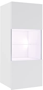 Hängevitrine Calabrini BR05, Grifflose Öffnen, Farbauswahl, Stauraumvitrine Vitrinenschrank, Hochschrank, Wohnzimmer Highboard, Schrank, Vitrine (Weiß / Weiß Hochglanz, mit weißer LED Beleuchtung)