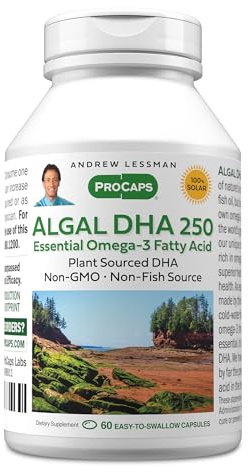 ANDREW LESSMAN Algal DHA 250mg 60 Softgels - Plant-Based Omega-3 Oils, Natural Marine Algae, High DHA, Non-GMO, High Potency, No Stomach Upset, No Fishy Aftertaste. Small Easy to Swallow