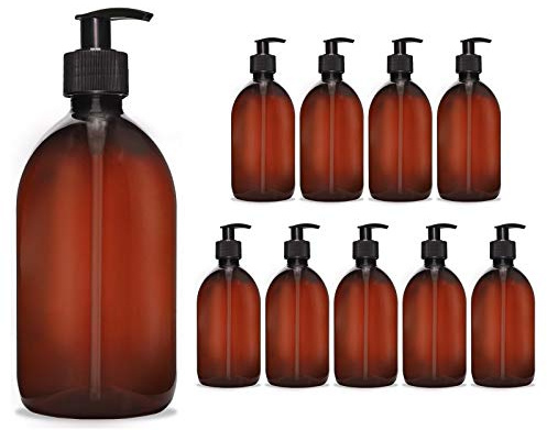 10 dispenser di sapone da 500 ml, dispenser di crema in plastica per bagno/WC, ricaricabile, dispenser di lozione, disinfettante, per sapone liquido, shampoo, detersivo, colore marrone/nero