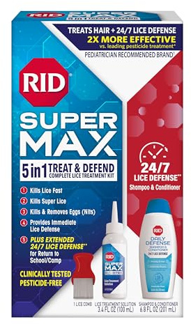 RID Super Max Lice Treatment Kit, Kills Lice & Super Lice & Eggs + 24/7 Lice Defense, Pesticide Free, 3.4 FL OZ Solution + 6.8 FL OZ Daily Defense Shampoo & Conditioner + Nit Removal Comb