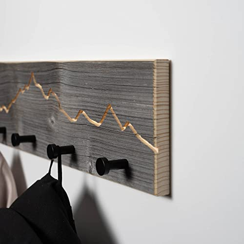 WOODS Garderobe aus Altholz mit Berg Motiv | handgefertigt in Bayern | Garderobenleiste Holz | Hakenleiste Wandgarderobe Flur | Kleiderständer Deko-Berge (85cm (7 Haken), schwarze Haken)