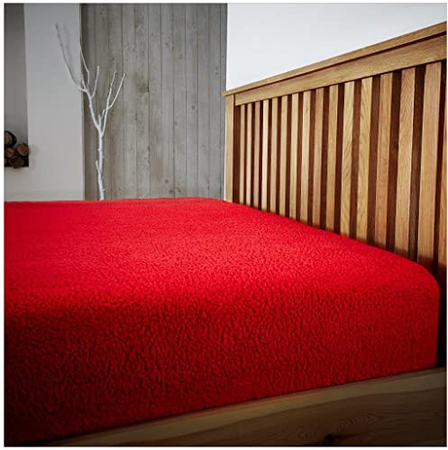 Teddy Plain Fleece Fitted Sheet Double, Premium Warm & Cosy Linen Bedding Super Soft Fluffy Bedsheet, Red