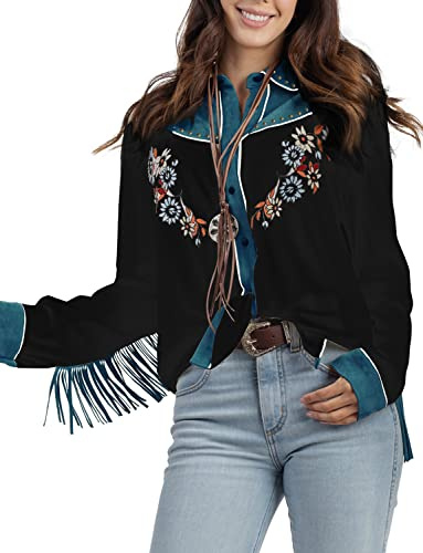 John Moon Camicette da Donna Ricamate a Maniche Lunghe con Bottoni e Frange, Stile rétro, da Cowgirl, Nero