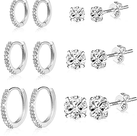 ALEXCRAFT Pendientes de aro de plata, juego de pendientes de plata de ley 925 para mujer, pendientes de bola pequeños con circonita de diamante AAA+, juego de 6 pares de pendientes