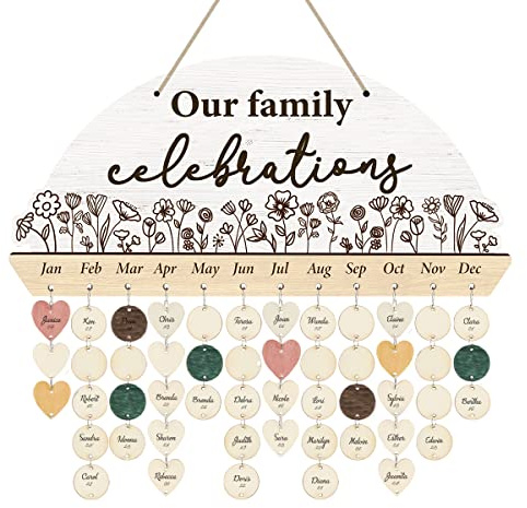 FWIEXA Our Family Celebrations Wooden Birthday Reminder (15.9x7.64), DIY Mothers Day Gifts Anniversary, Vintage Family Birthday Tracker Wall Hanging with 100 Heart/Circle Tags