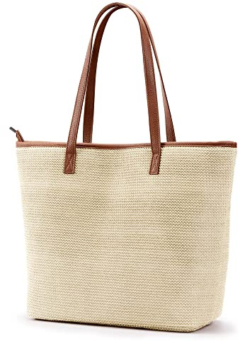 KALIDI Sac cabas de plage en paille rayé Sac à main d'épaule tissé cousu avec poignée en cuir PU fermeture éclair poche intérieure voyage shopping pique-nique, Large