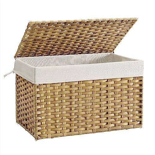 SONGMICS Storage Basket with Lid, Woven Blanket Storage Bin with Handles, Foldable, Removable Liner, Metal Frame, for Bedroom, Laundry Room, 27.7 Gallons (105 L), Natural URST066N01