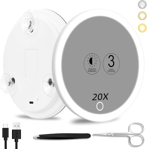 Suupvaor 20x Magnifying Mirror With Light, 3 Colors Dimming Lighted With 3 Suction Cups, Travel Light Up High Magnification Makeup Mirror With Tweezers Scissors