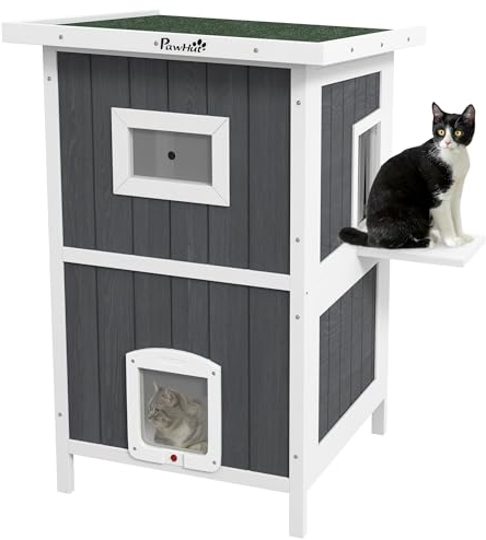 PawHut Katzenhaus aus Holz Outdoor Katzenhütte 2-stöckiges Katzenhöhle mit Balkon, Abnehmbarer Bodenplatte, 4 Türen, für 1-2 Katzen bis 5 kg, Grau