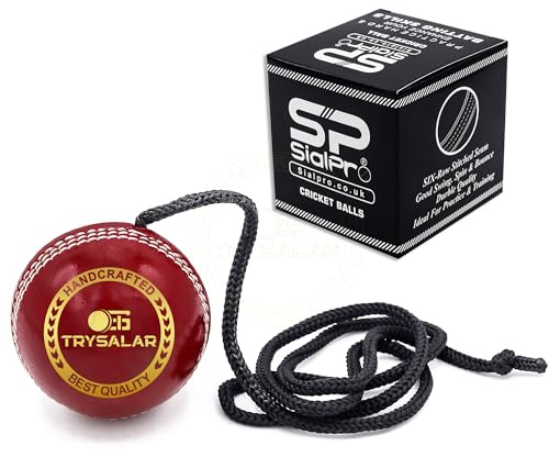 SialPro Cricket Hanging Ball for Bat Knocking and Practice with Rope Reaction String Leather Ball Handmade Embossed Seam & Threaded, Red