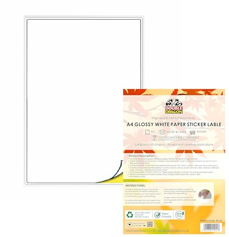 Double Dragon Papel Autoadhesivo Blanco Brillante A4 Imprimible, 50 Hojas, Etiquetas Adhesivas para Impresoras Láser, 1 Etiqueta por Hoja, Ideal para Direcciones, Envíos y Usos Multipropósito