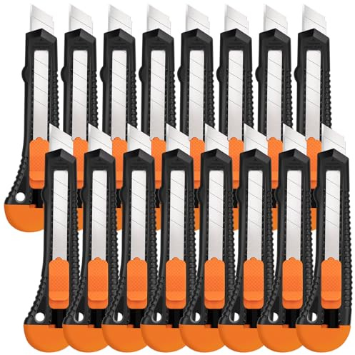 TIFICAL Box Cutter, Utility Knife, 16 Pack Box Cutter Retractable, Box Cutter Knife for Cardboard, Paper, Vinyl, Retractable Utility Knife Heavy Duty, 18mm Wide Snap-Off Blade, Box Cutters