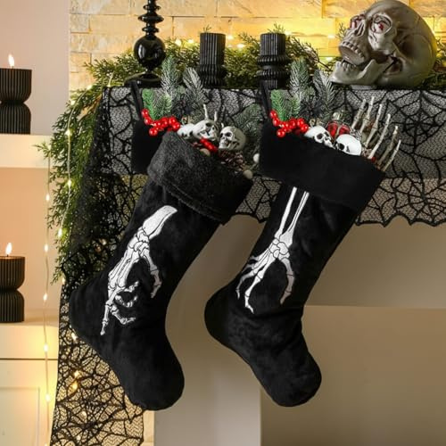 Croknit 2 Pcs Gothic Christmas Stocking Black Velvet Stocking Goth Xmas Skeleton Hand Embroidered Stockings Hanging Ornaments Santa Candy Gift Bags for Christmas Home Decorations(Black)
