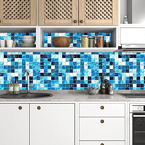 Dunxiles Stick on Tiles Aqua Blue Marble Tile Stickers PVC Self Adhesive Wall Tiles Heat Resistant Tile Stickers for Kitchen Bathroom Waterproof Peel and Stick Floor Tiles Tile Paint