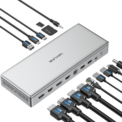 WAVLINK DL7400 USB C DisplayLink Premium Dockningsstation, 2xHDMI och 2xDisplayPort, Enkel 10K@60Hz, Dual 8K@60Hz, Quad 4K för M1/M2/M3 Mac och Windows, 100 W laddning, 2.5G LAN, USB 3.2-A/C