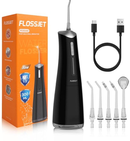 FlossJet Water Dental Flosser for Teeth Cordless with 300ML 4 Cleaning Modes 5 Jet Tips Portable Oral Irrigator USB-Powered Electric Flosser IPX7 Waterproof Irrigator Dental for Home and Travel Black