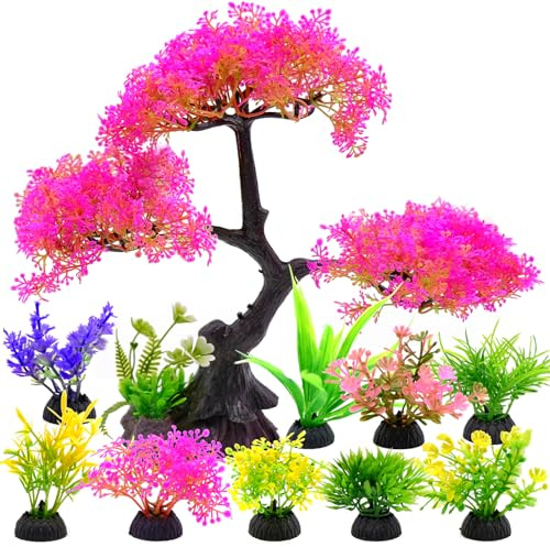 JJQHYC 10 Pack Fish Tank Decorations Plants, Low Maintenance Aquarium Plants Artificial Pink Tree Fish Tank Ornaments for Aquascaping, Fish Tank Accessories