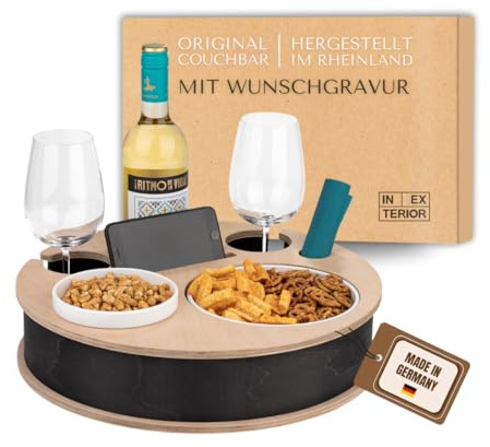 INEXTERIOR – Couchbar RundumBar handgefertigt aus Holz in Schwarz mit Wunschgravur – Runde Snack Box mit Zwei Snackschalen, Handy-, Flaschen- & Getränkehalter - Couchbutler Couchorganizer Tablett