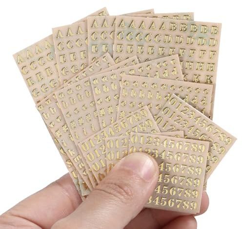 12 hojas de calcomanías de letras pequeñas de 0.12 pulgadas, calcomanías pequeñas de letras doradas y calcomanías de números de aleación con purpurina para decoración de uñas, manualidades, álbumes de