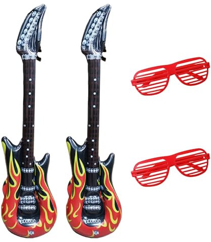 2 Stück Aufblasbare Gitarre 90 cm mit 2 Stück Rote Gläser,Luftgitarren zum Aufblasen,Gitarre Aufblasbar mit Roten Blenden,Lustiges Spielzeug für Kinder&Erwachsene für Karneval,Party,Musikalische Deko