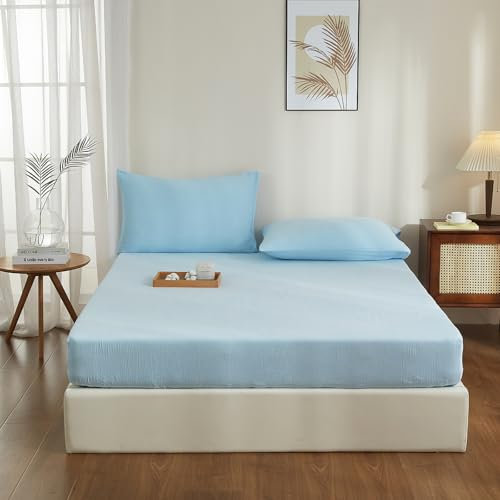 YASMENG Doppelte Muslin Spannbettlaken 90x200cm 100% Baumwolle Blau Muslin Bettlaken 90x200cm Baumwolle Weich Atmungsaktiv Kuschelige Spannbetttuch Boxspringbett Geeignet für 30cm Matratze