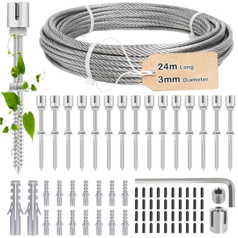 Tuteur pour Plantes Grimpantes en Acier Inoxydable, 24m de Long (Câble en Acier de 3mm) et 16 Supports pour Plantes Grimpantes Telles GUE Les Roses, Les Vignes et Les Tomates, Kit D'aide à l'escalade