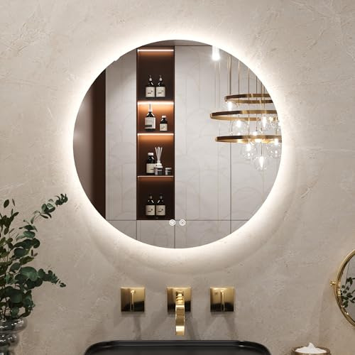 Keonjinn Round Bathroom Mirror with LED Lights, 60cm Illuminated Light Up Bathroom Mirror with Backlit Light, Anti-Fog Wall Mounted Vanity Mirrors 3 Colors Dimmable, Memory Function