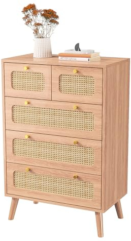 TIMORWTF - Cajonera con 5 cajones de 60 cm, cómoda de ratán con cajones y patas de madera, 60 x 34 x 91 cm, para dormitorio, salón o pasillo (5 cajones)